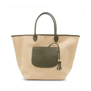 BEIGE AND GREEN RAFFIA LA PANIER PLIAGE L TOTES