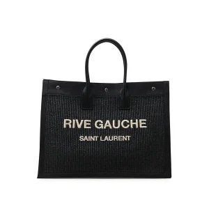 BLACK LEATHER AND CANVAS RIVE GAUCHE TOTE BAG