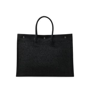 BLACK LEATHER AND CANVAS RIVE GAUCHE TOTE BAG