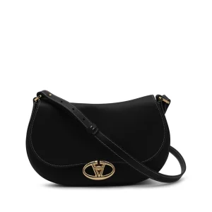 BLACK LEATHER OVHAL SHOULDER BAG