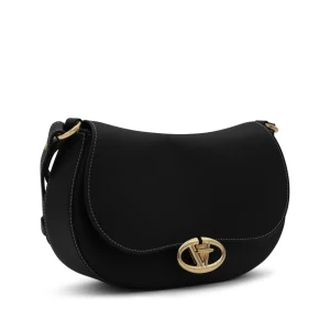 BLACK LEATHER OVHAL SHOULDER BAG