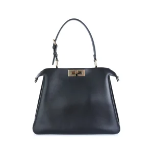 BLACK LEATHER PEKABOO MEDIUM SOFT TOP HANDLE BAG