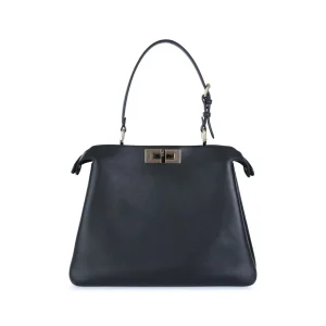 BLACK LEATHER PEKABOO MEDIUM SOFT TOP HANDLE BAG
