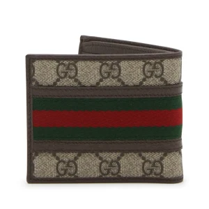 BROWN LEATHER AND CANVAS OPHIDIA GG WALLET