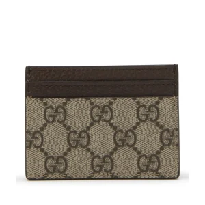 BROWN LEATHER AND CANVAS OPHIDIA GG SUPREME CARD HOLDER