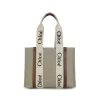 WHITE BROWN CANVAS WOODY MEDIUM TOTE BAG