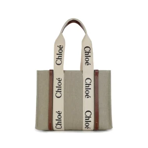 WHITE BROWN CANVAS WOODY MEDIUM TOTE BAG