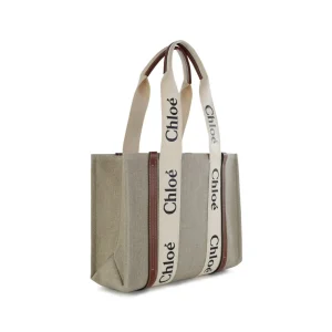 WHITE BROWN CANVAS WOODY MEDIUM TOTE BAG